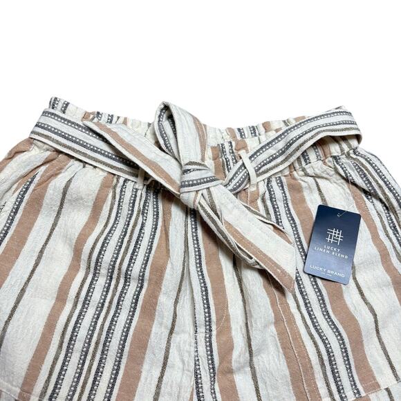 Lucky Brand Cream Tan Striped Paperbag Shorts Linen Blend XS Boho Summer Pockets - Picture 5 of 9